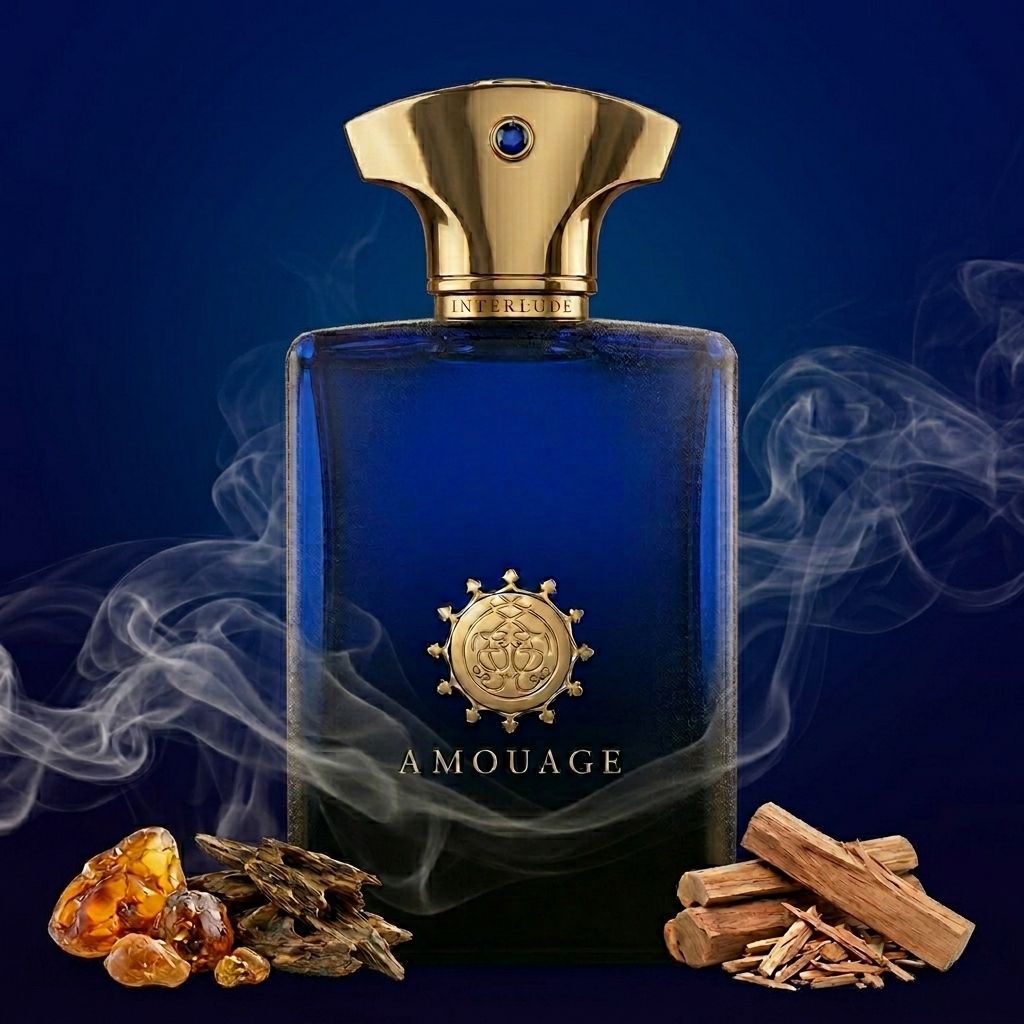 Blue Amouage perfume bottle with gold cap on a dark blue background with smoke and spices.