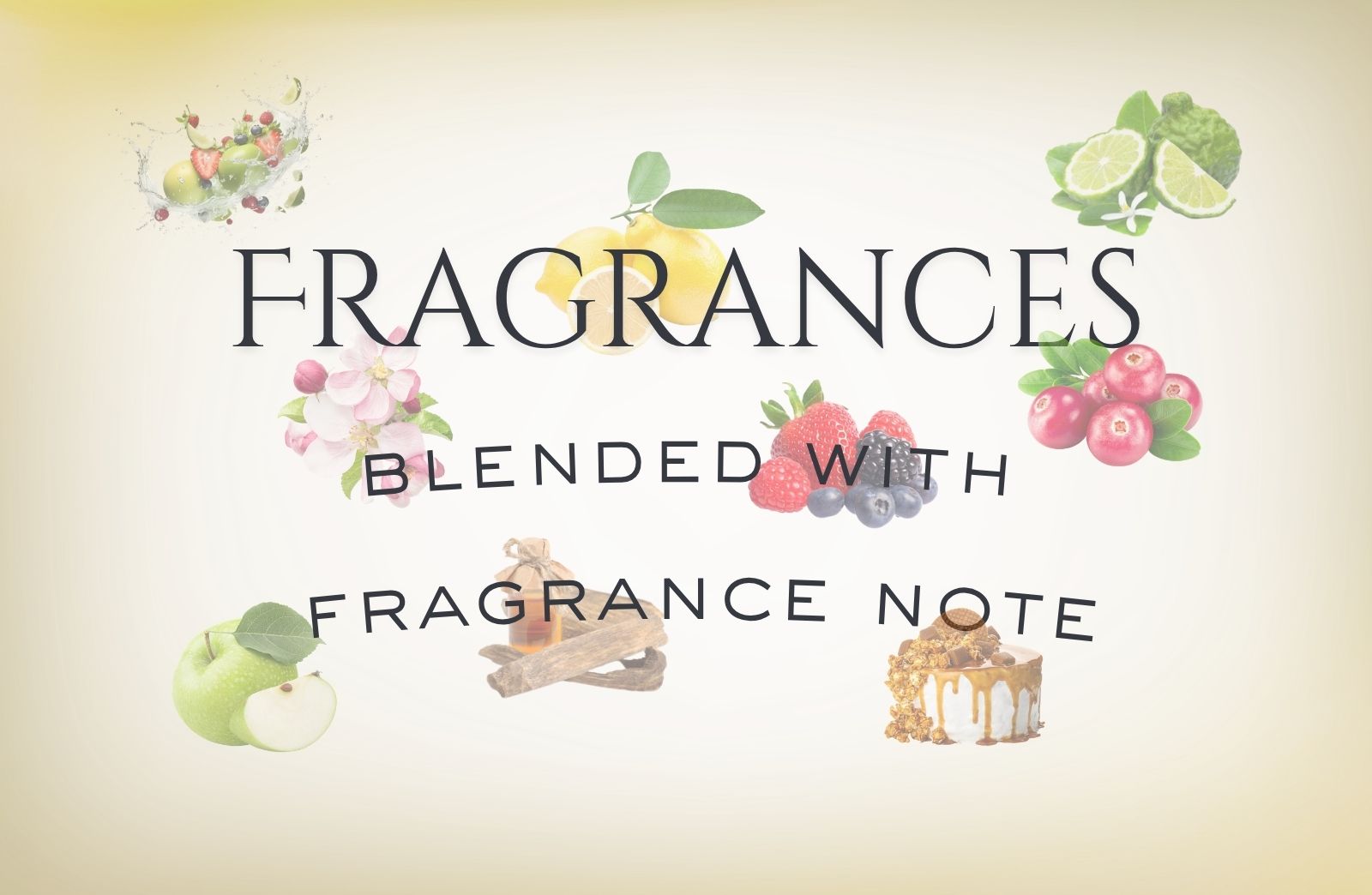 Floral and fruit illustrations on a beige background featuring the word 'Fragrances'.