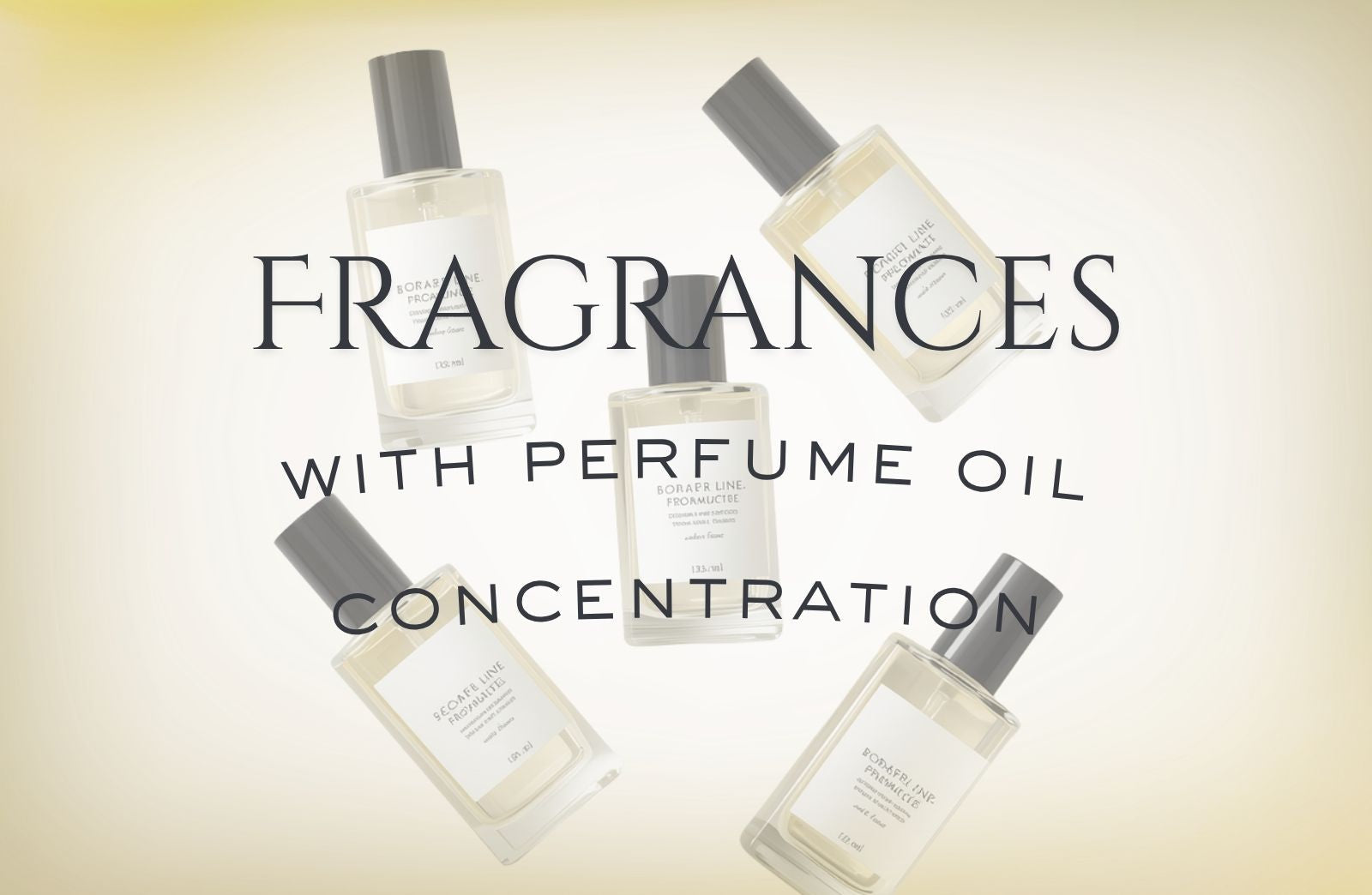 Five perfume bottles with a beige background and text about perfume oil concentration.