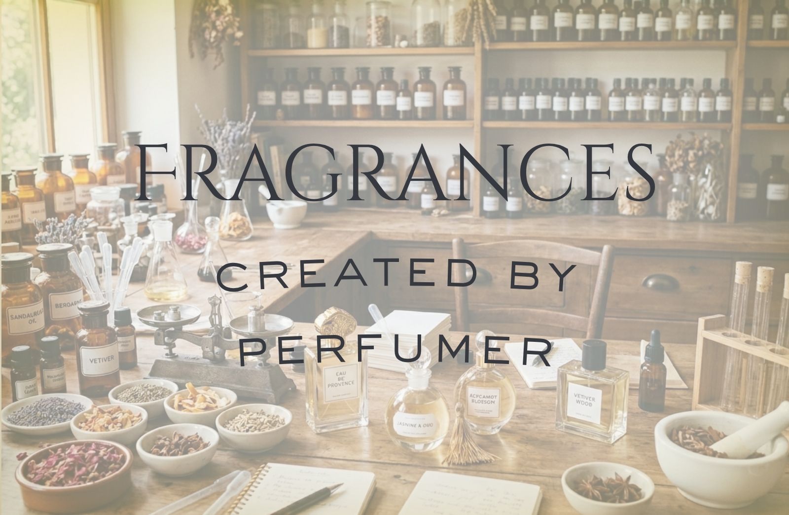 Perfume bottles and ingredients on a table with 'Fragrances Created by Perfumer' text.