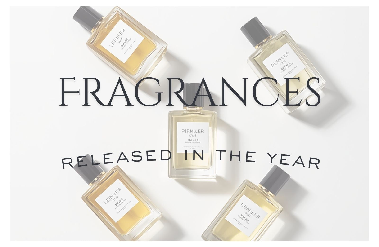 Five perfume bottles with labels on a light gray background, featuring the word 'Fragrances'.
