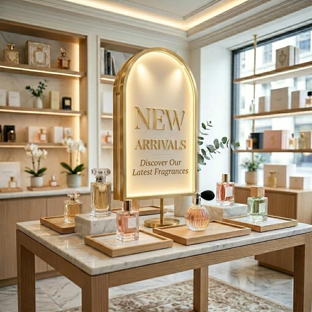 Display of new fragrances with a 'New Arrivals' sign in a stylish interior setting.