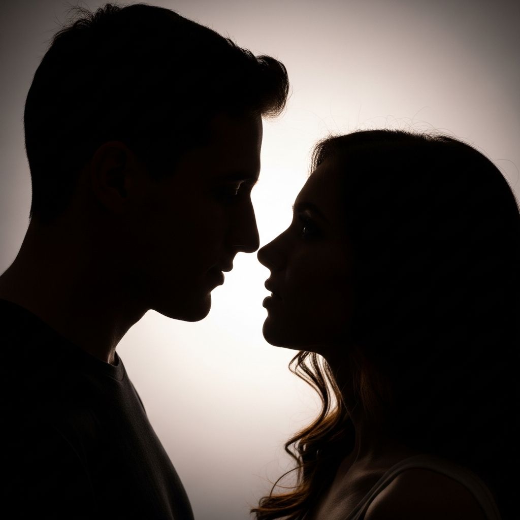 Silhouette of a couple facing each other against a bright background