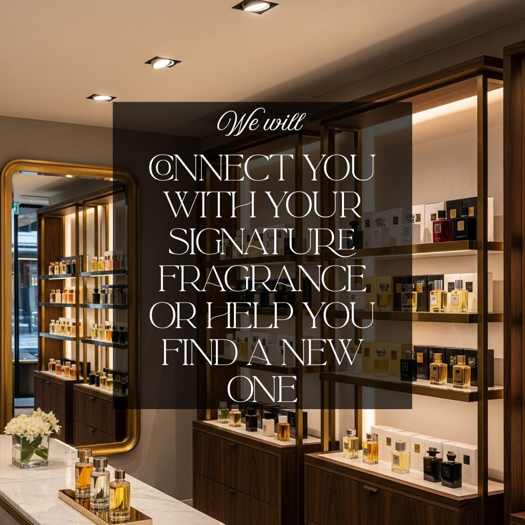 A perfume store interior with shelves displaying various bottles, accompanied by promotional text.