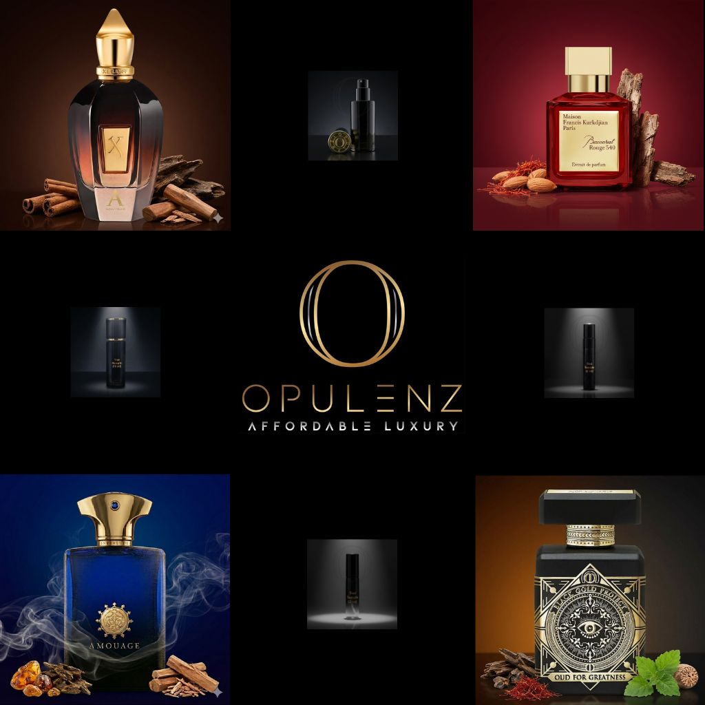 Collage of Opulenz perfume bottles with brand logo and tagline.